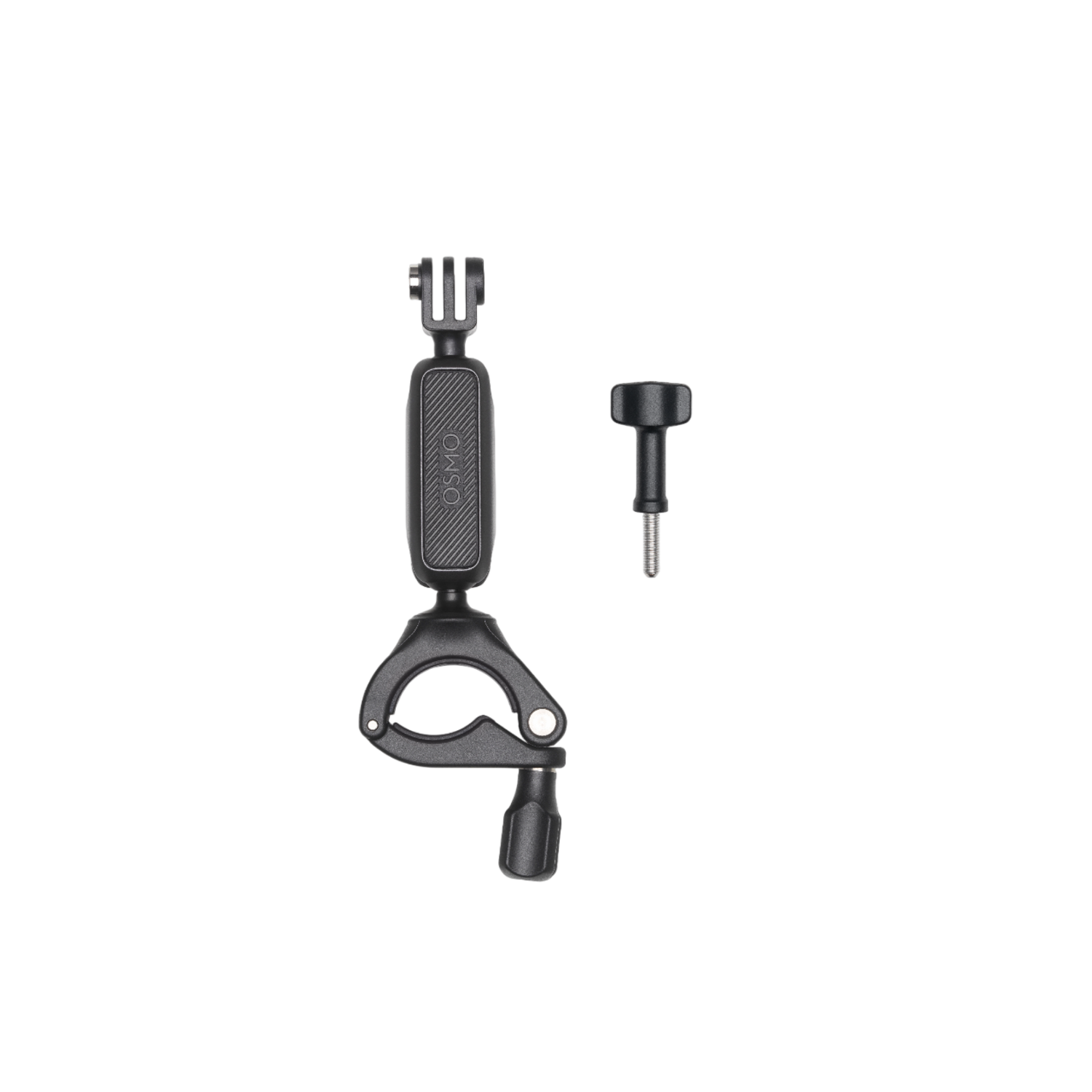 Zwarte Osmo action camera mount met een klem, een schroef en een draaigewricht.