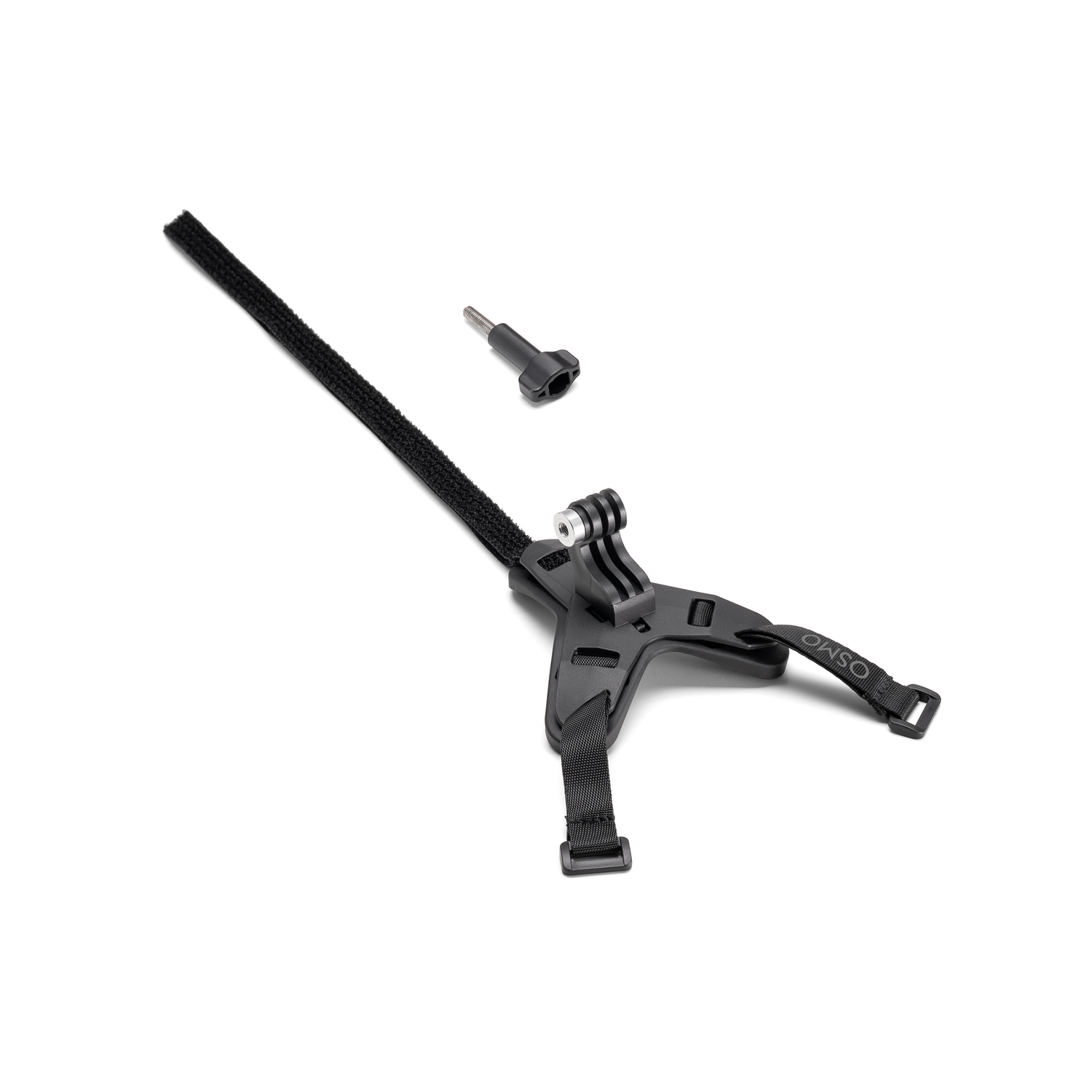 Black Osmo headband mount for action camera. Screw is on the right side. White background.