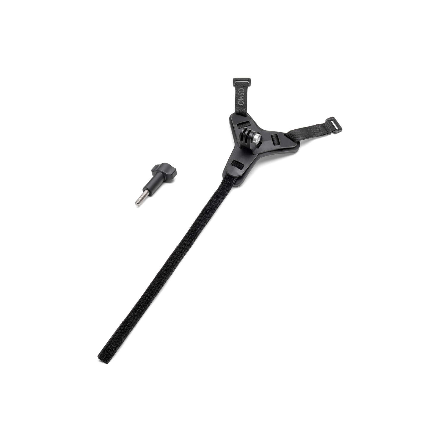 Black Osmo headband mount for action camera. Screw on the left. White background.