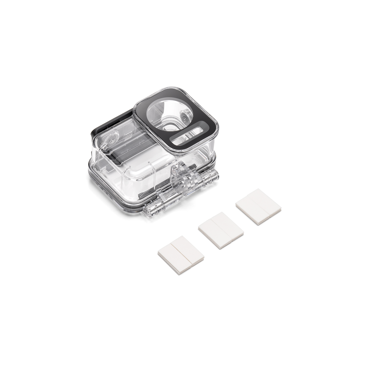 Clear waterproof case with three white pads. The case is closed. White background.