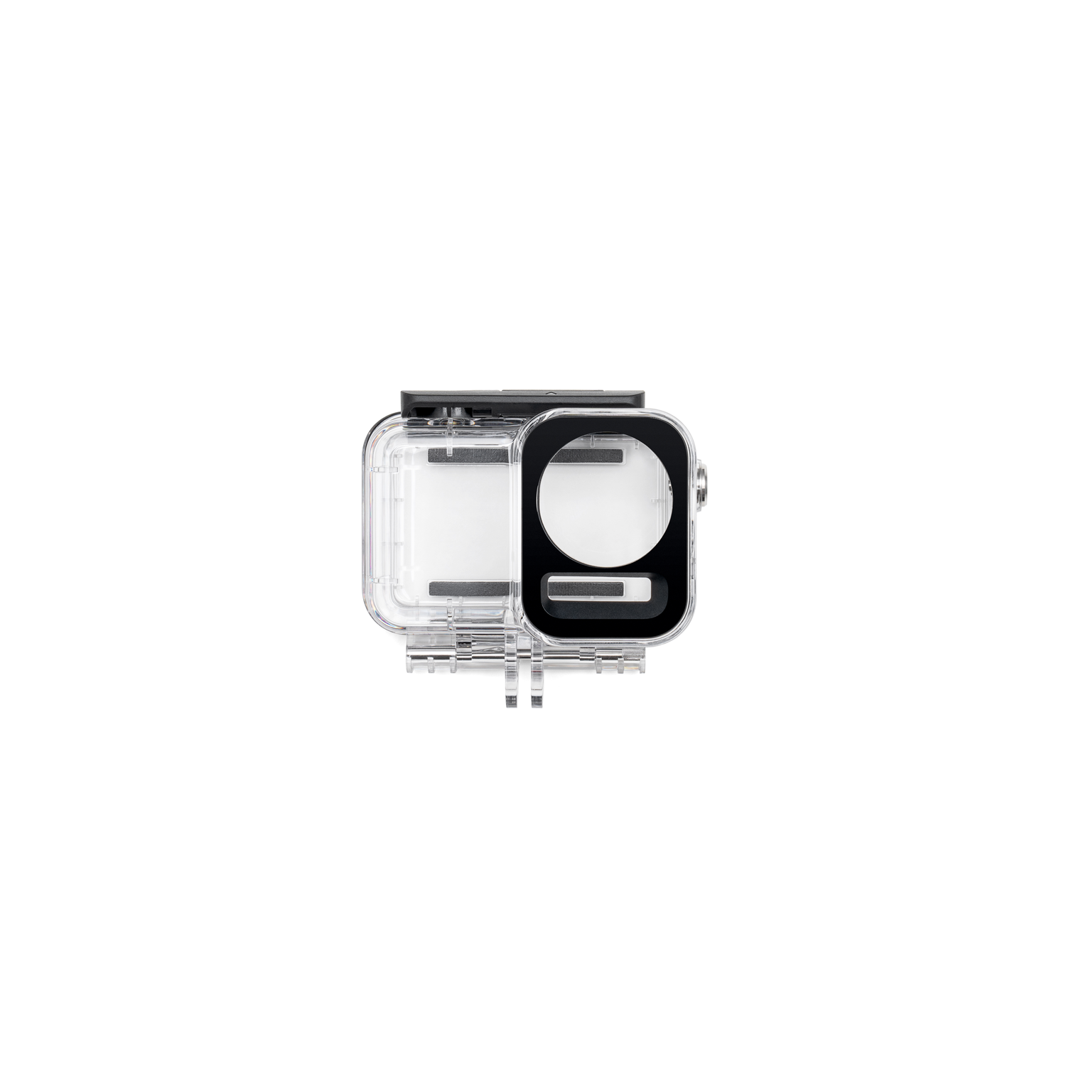 A transparent waterproof camera case, with a black frame and clear front panel.