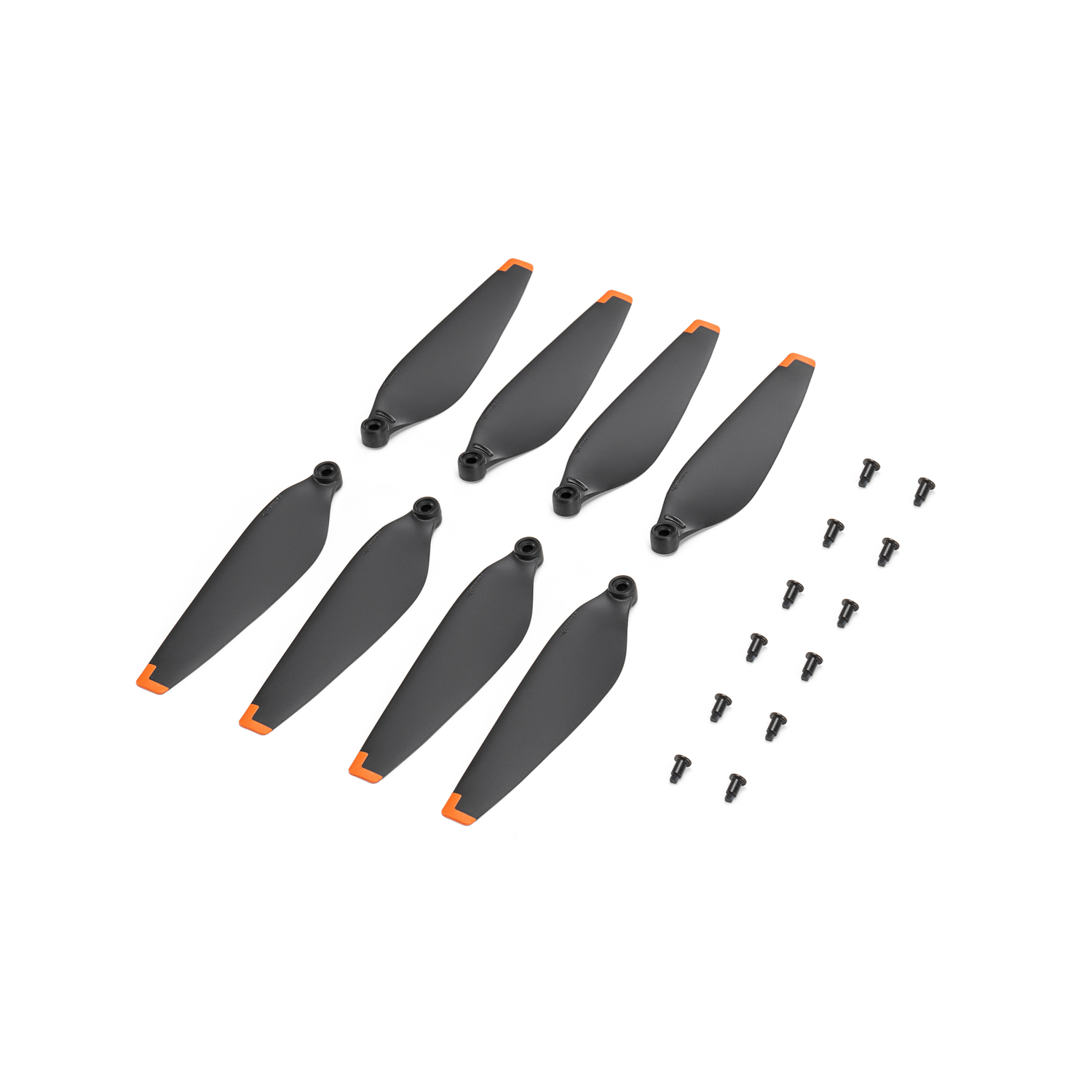 Gray drone propellers with orange tips. Small screws are scattered on the white surface.