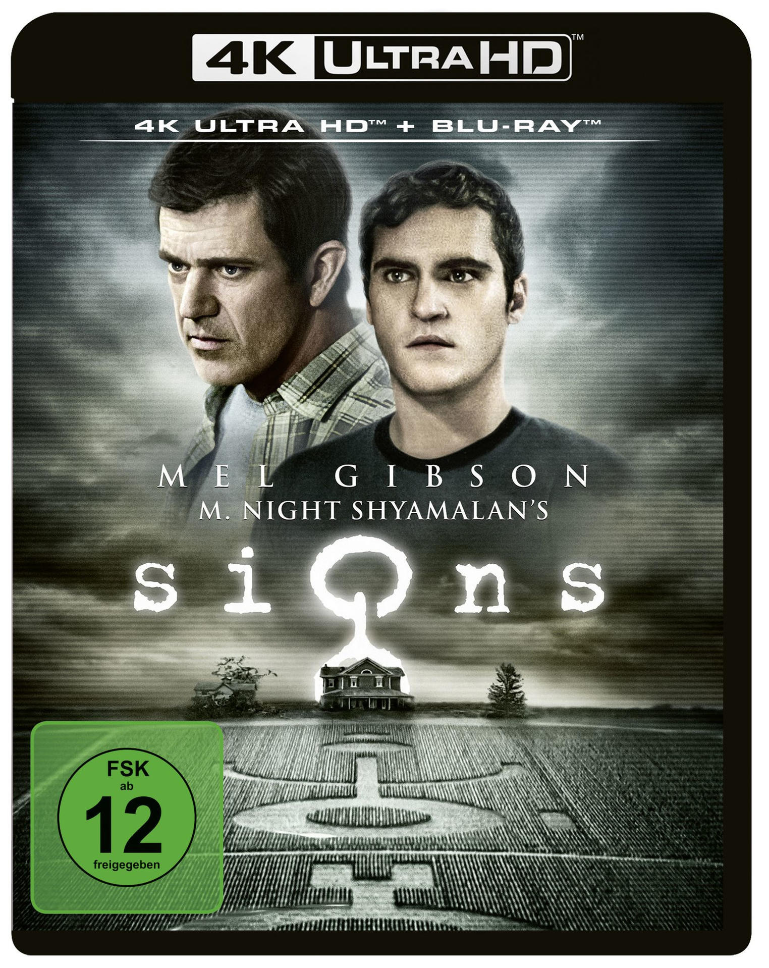 Filmcover mit Mel Gibson und einem anderen Mann. Titel 'Signs' auf dunklem Hintergrund.