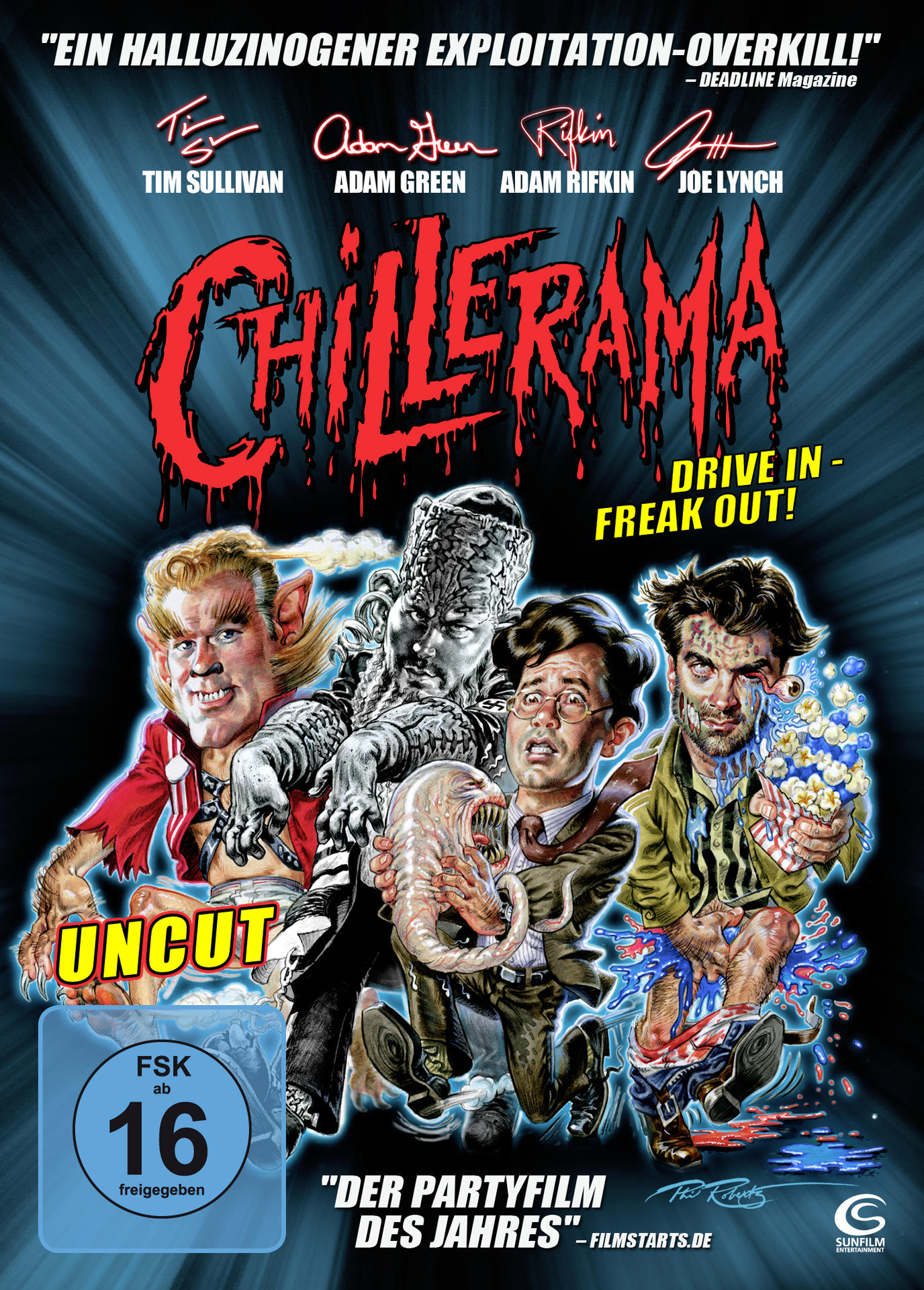 Filmcover mit Monsterfiguren, Blut und Text. Drive-in Freakout!