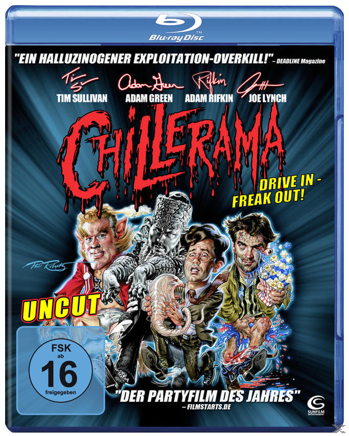 Blu-ray-Filmcover des Films 'Chillerama' mit vier grotesken Charakteren in einer Horrorszene.