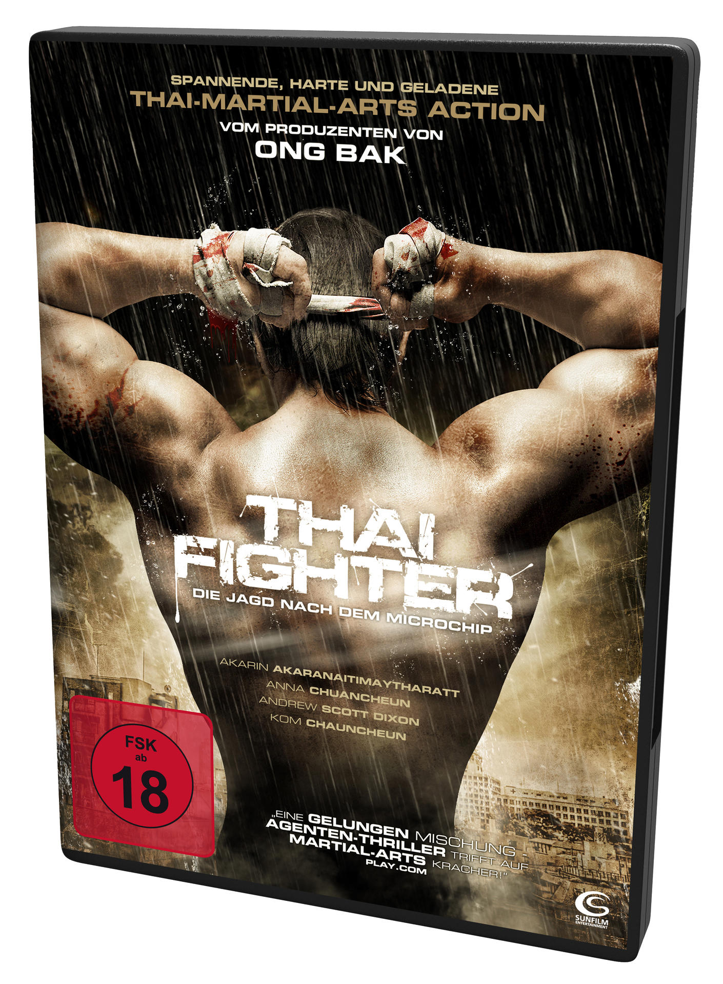 DVD-Cover für 'Thai Fighter' mit einem muskulösen Mann in einer Kampfszene, mit Text.