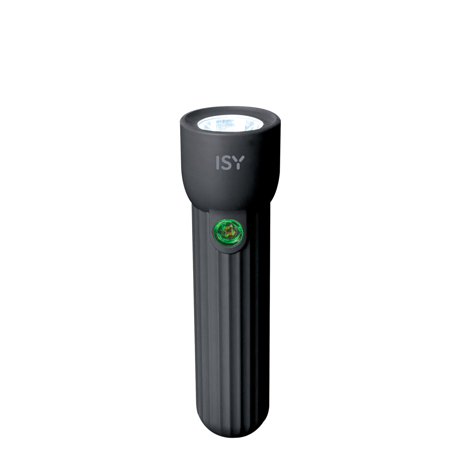 Black ISY flashlight with a green button.