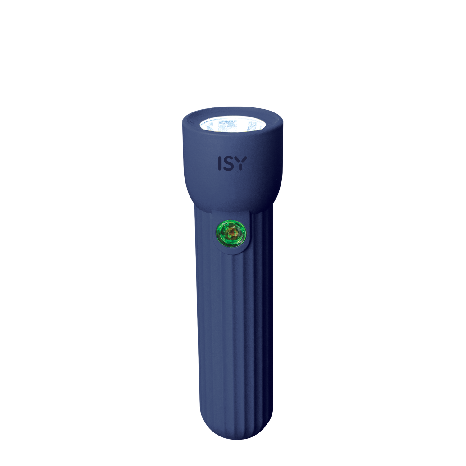 Blue flashlight with a green button and the word ISY on it.