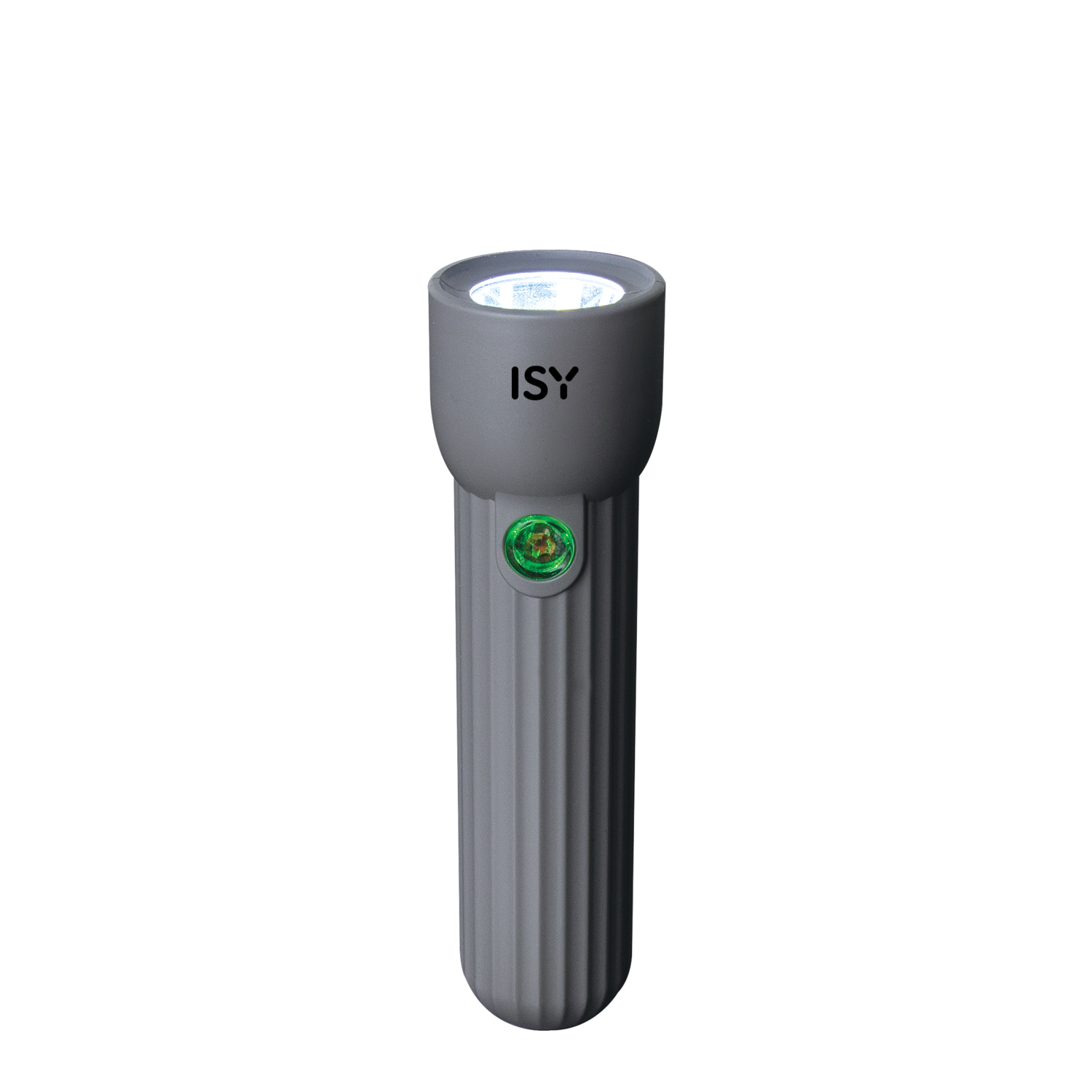 Gray ISY flashlight, with a green button and a white light beam. Black background.