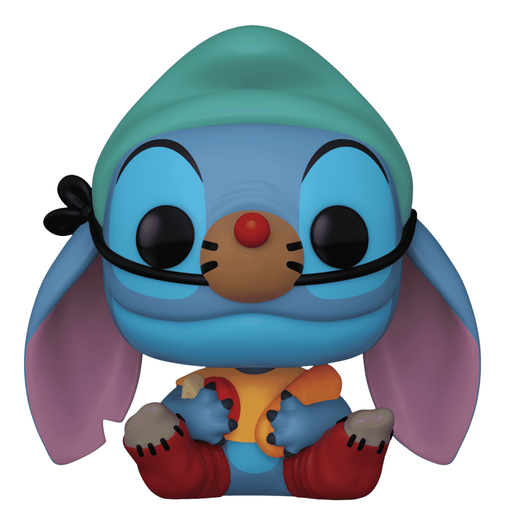 Figurine Stitch Funko Pop, bleu, portant un chapeau, assis avec une collation, grands yeux, fond noir.