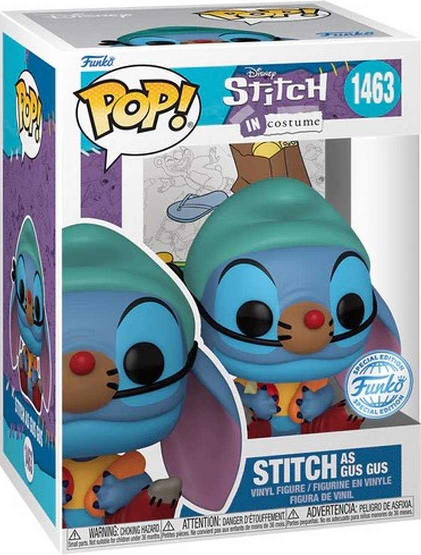 Figurine de Stitch dans une boîte intitulée "Stitch as Gus Gus".