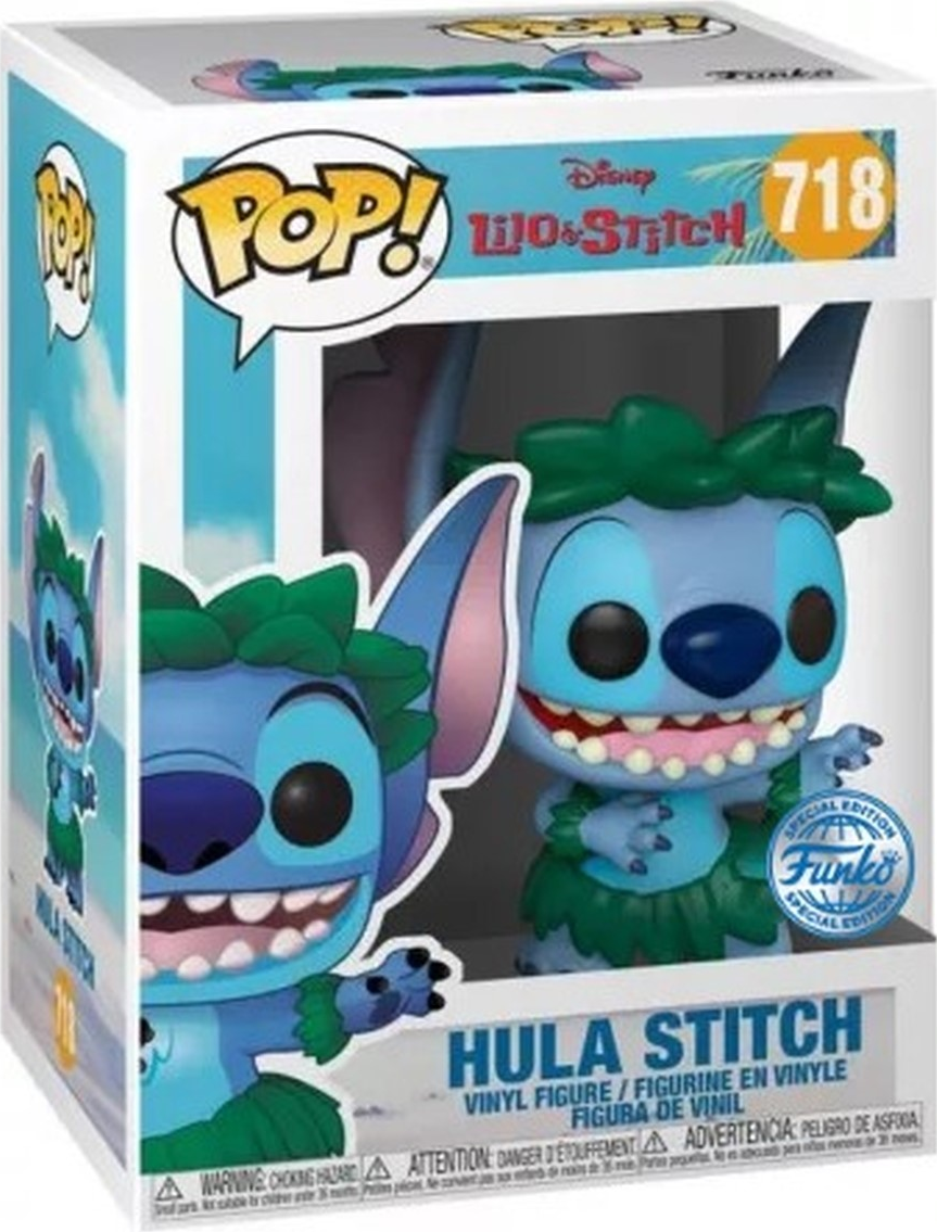 Funko Pop! Box von Hula Stitch. Box zeigt Stitch mit Hula-Rock und Lei.