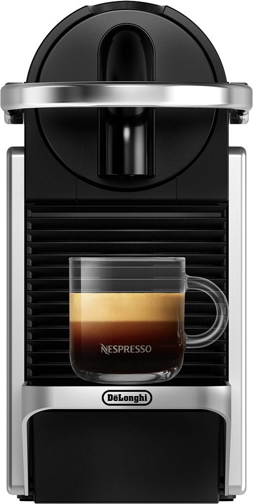 Fekete-ezüst DeLonghi Nespresso gép egy pohár kávéval.