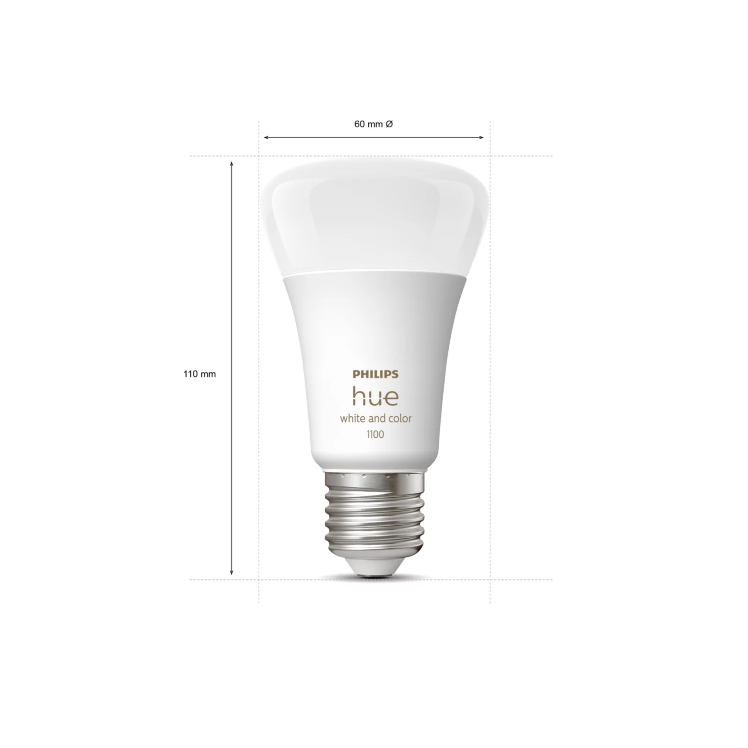 A white Philips Hue smart light bulb with size measurements.