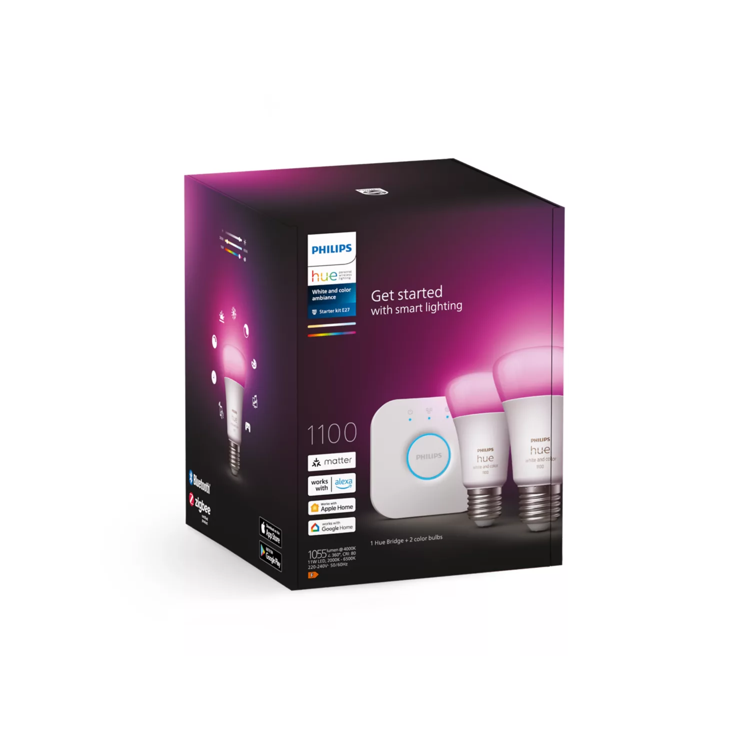 Philips Hue smart lighting starter kit box with two bulbs and a bridge.