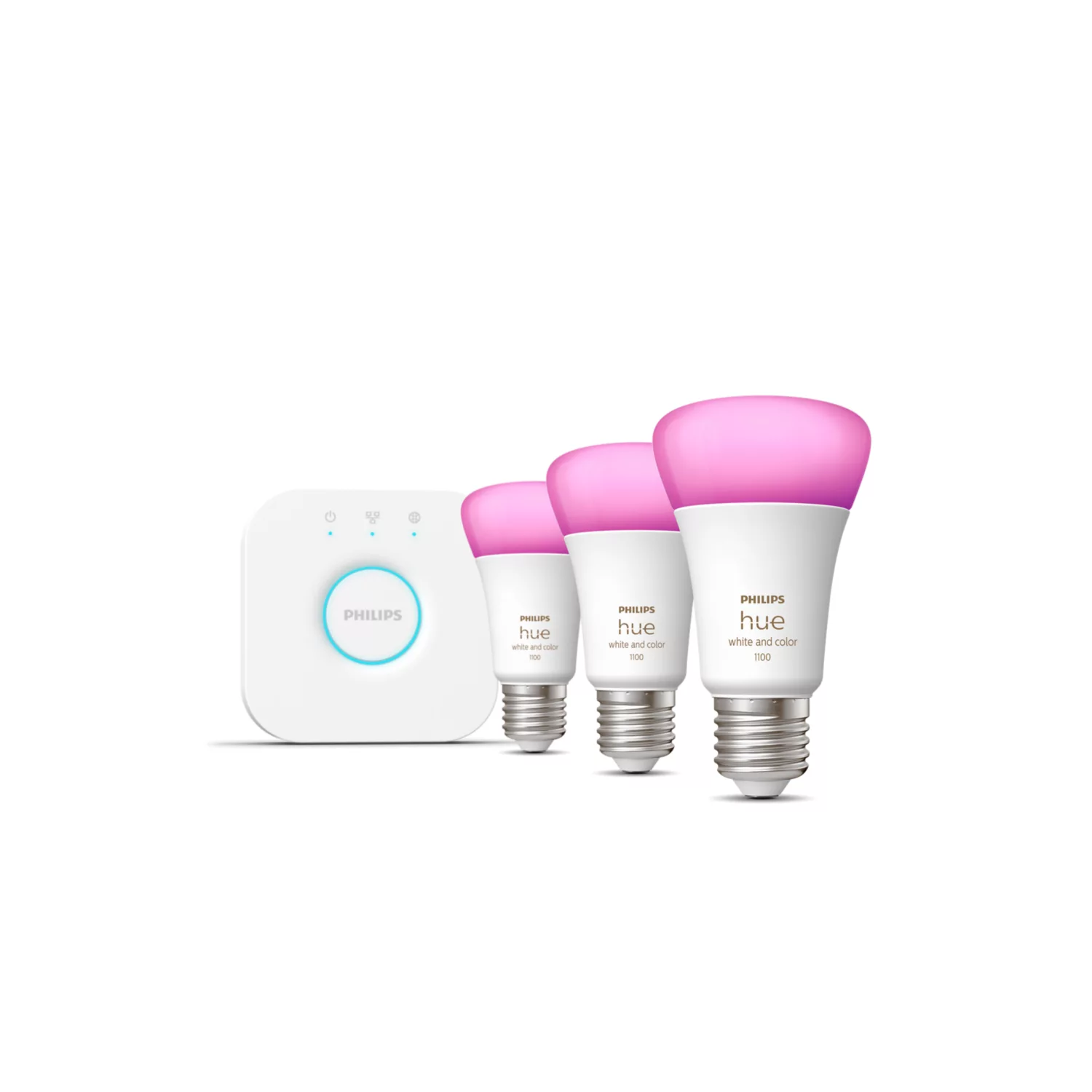 Philips Hue smart lighting setup with bridge and three pink light bulbs.