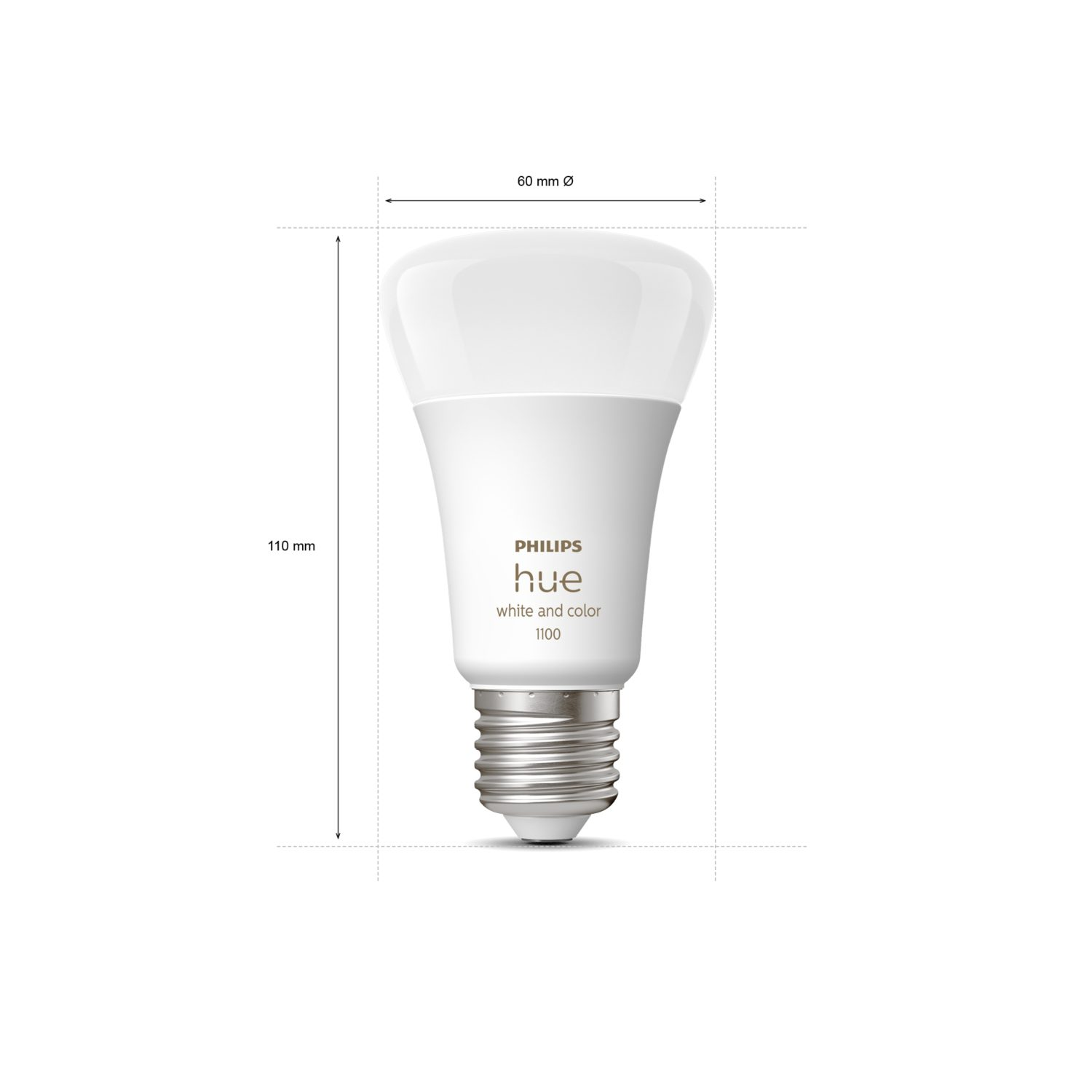 A white Philips Hue smart light bulb with size measurements.