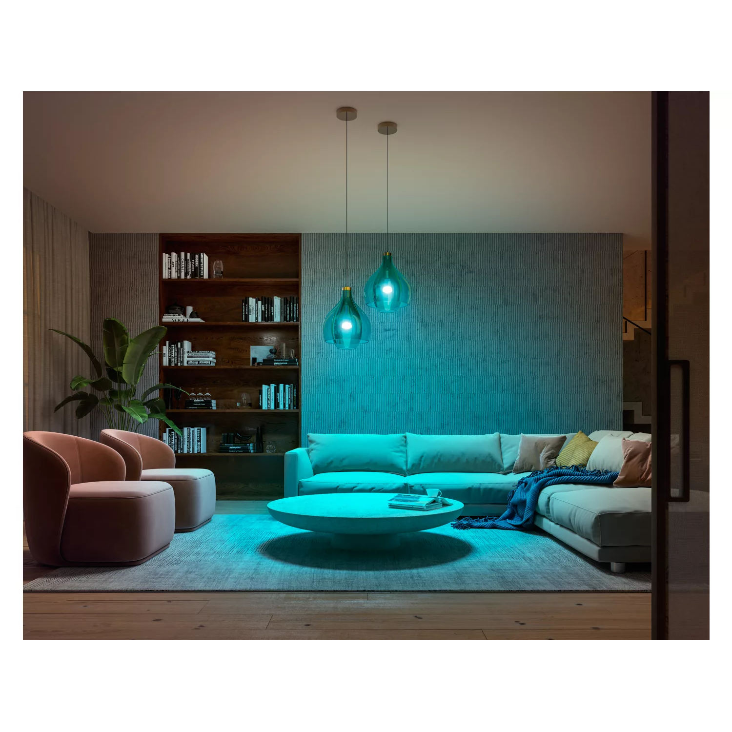 A living room with blue lighting, featuring a sofa, chairs, and a wooden bookshelf.