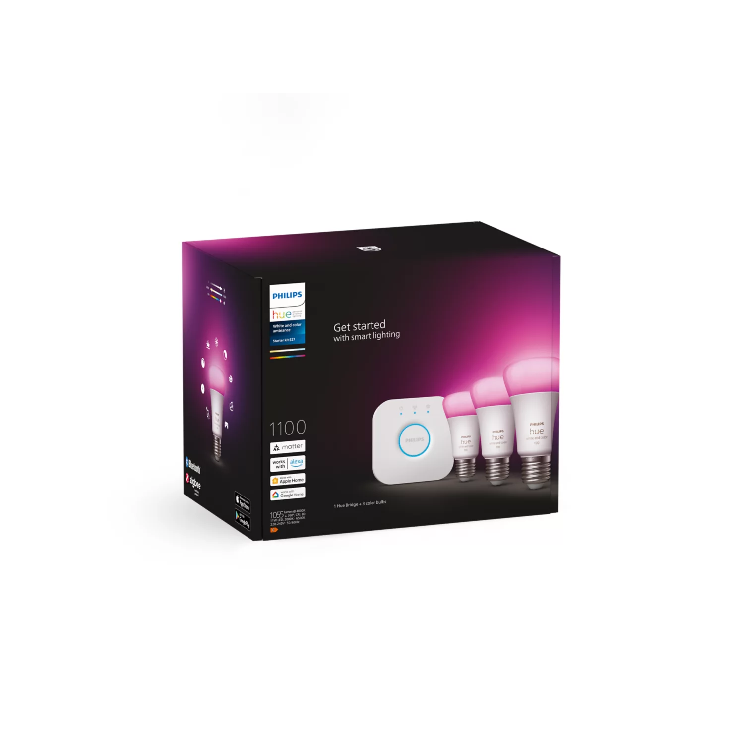 A Philips Hue box with smart lighting products displayed. Includes bulbs and a hub.