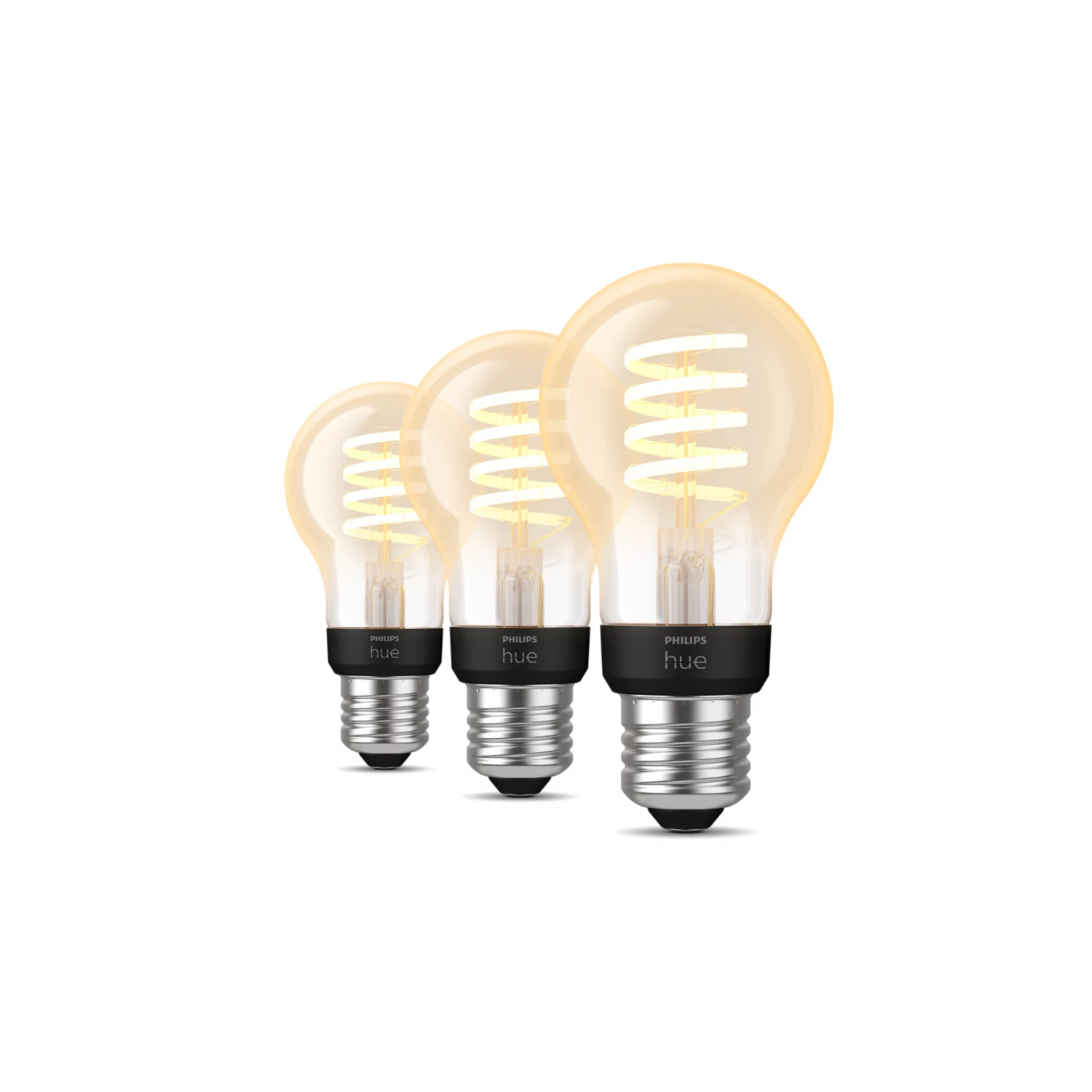 Three Philips Hue filament light bulbs. The bulbs are on a white background.