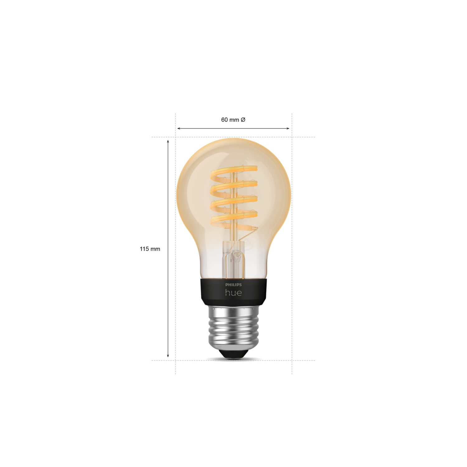 A Philips Hue filament bulb with dimensions displayed. The bulb is on a white background.