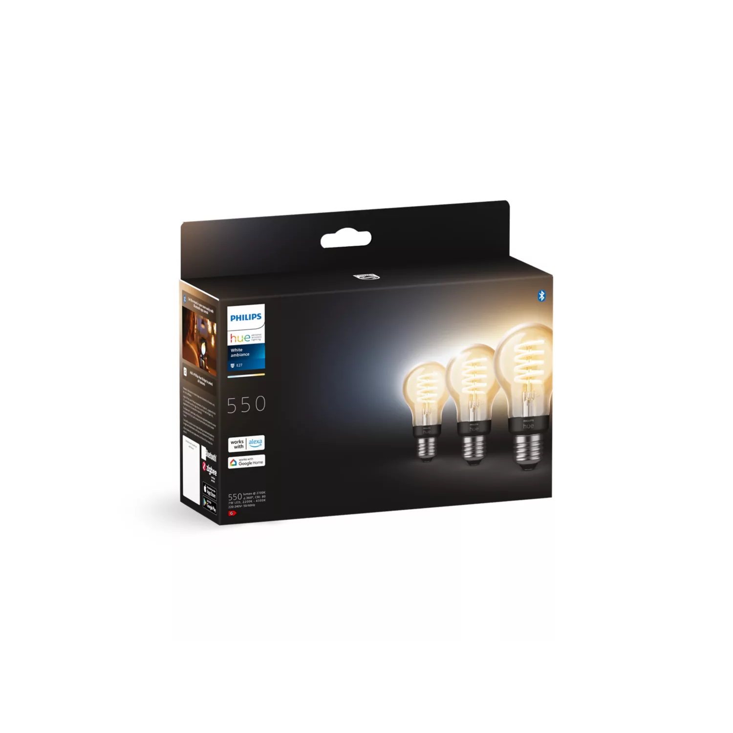 A Philips Hue box showing three filament bulbs.  Text says 'Get started with smart lighting'.