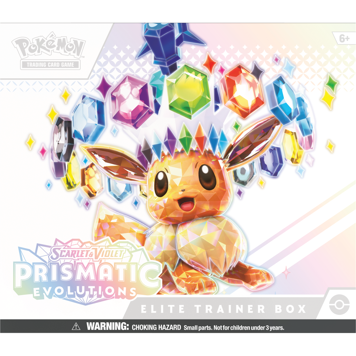 Een sprankelende Eevee Pokémon op een Pokémon Trading Card Game-doos omringd door juwelen.