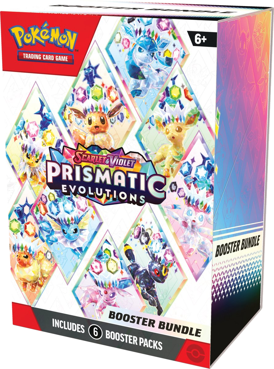 Pokemon Scarlet & Violet Prismatic Evolutions booster bundelbox. Toont verschillende Pokemon-personages in diamantvormige frames.