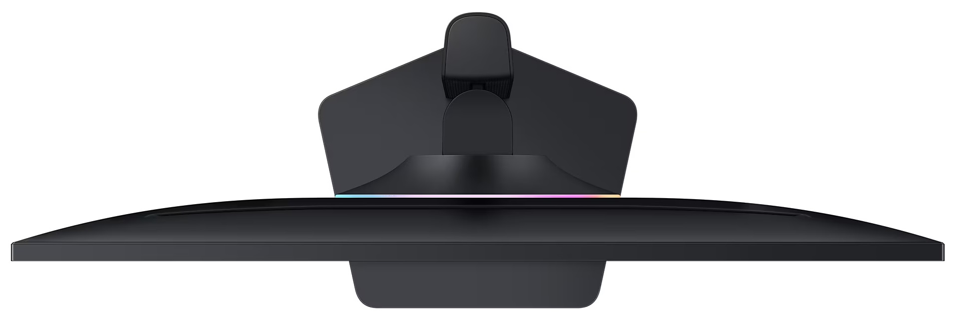 Widok z góry na czarny stojak monitora z zakrzywionym ekranem, pokazujący kolorowe światło.