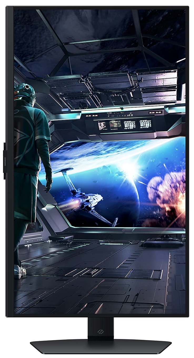 Monitor wyświetlający futurystyczną scenę spaceru kosmicznego w statku kosmicznym.