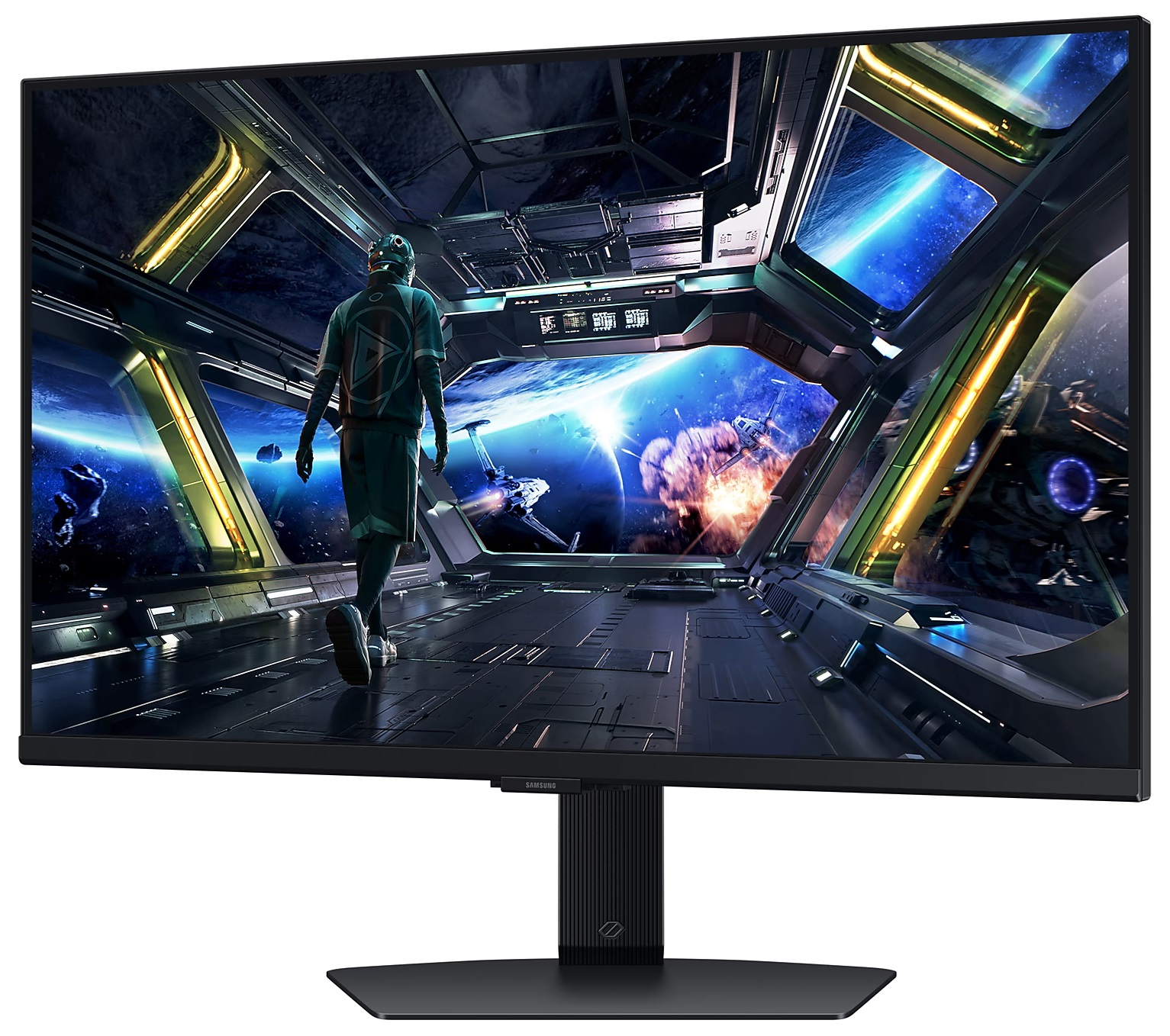 Osoba idzie po futurystycznym wyświetlaczu monitora. Statek kosmiczny w tle. Kolory niebieski i biały.