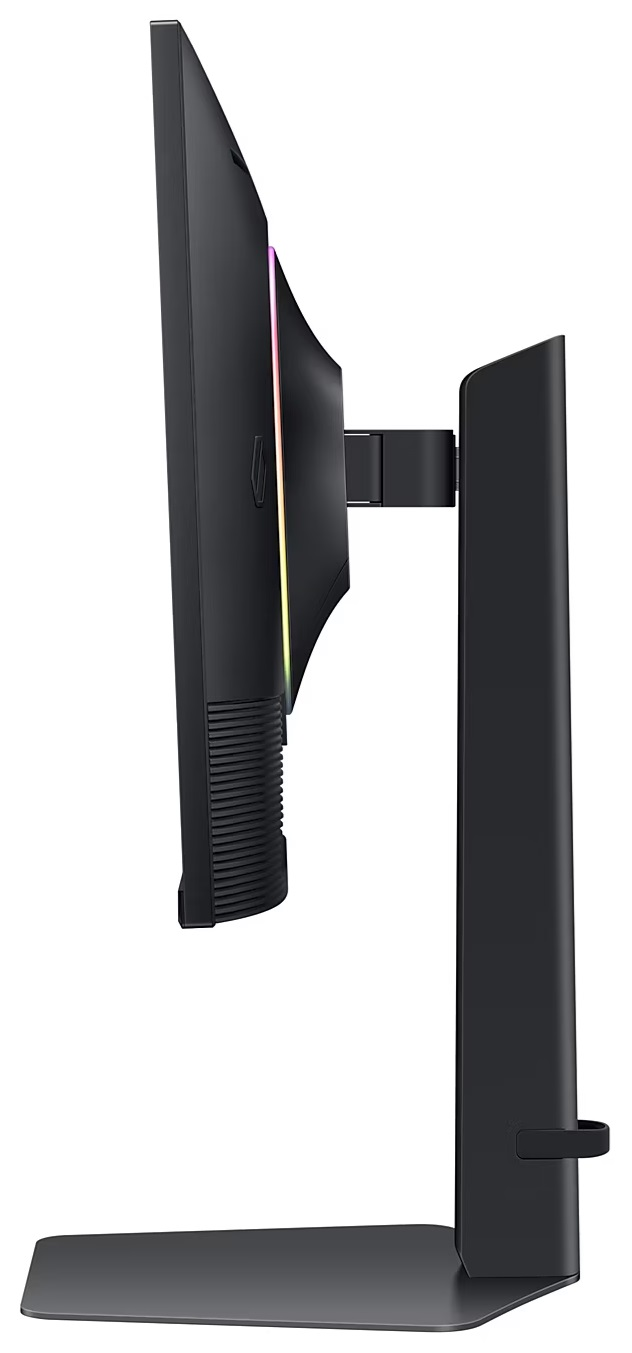 Monitor z boku, pokazujący stojak i smukłą konstrukcję z kolorowym oświetleniem.
