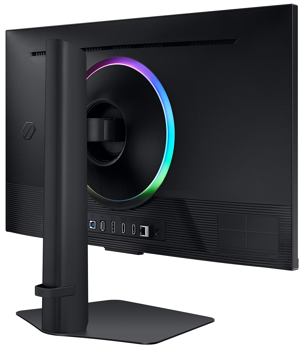 Tył czarnego monitora komputerowego z kolorowym pierścieniem świetlnym i portami.