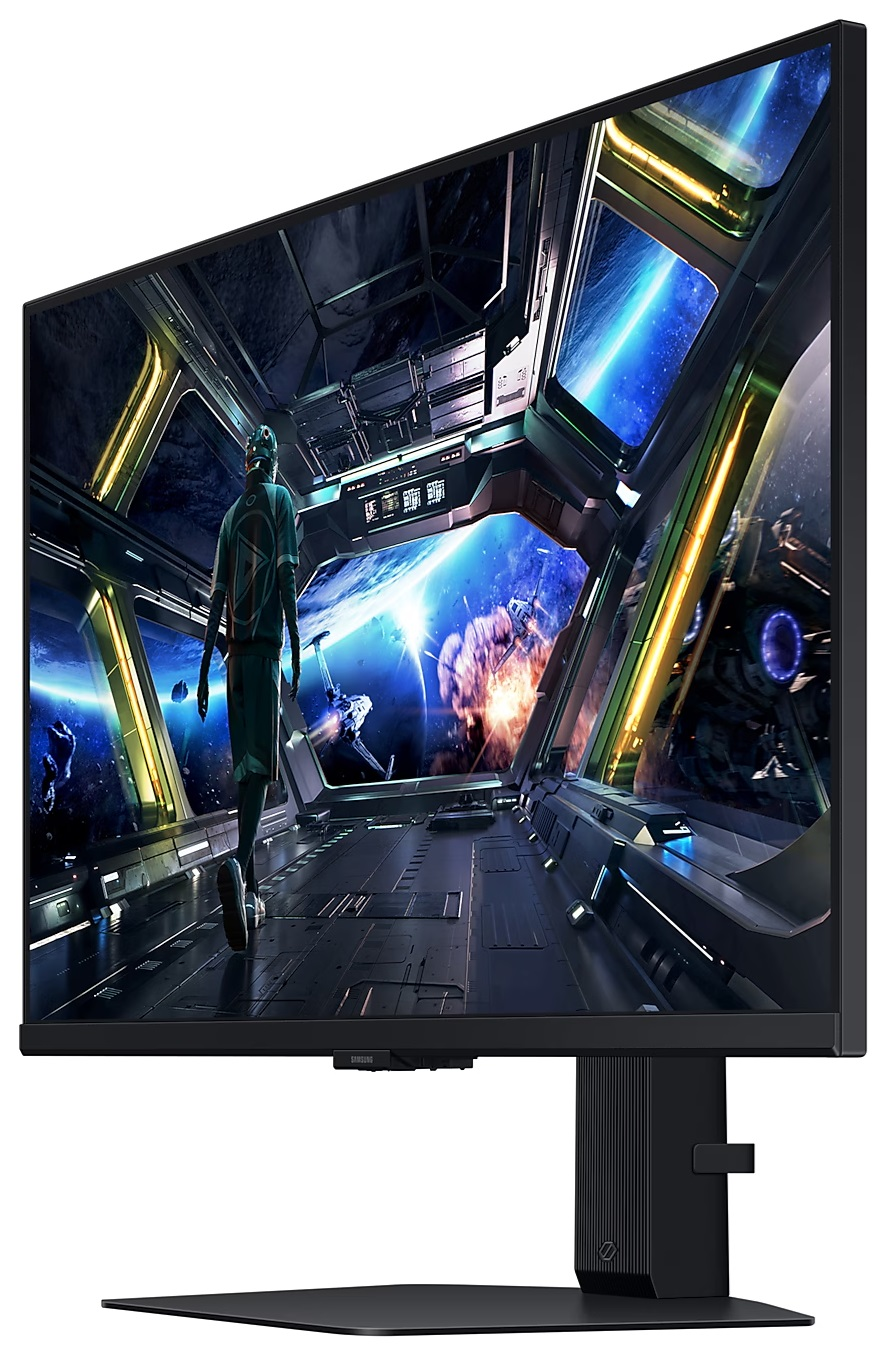 Monitor wyświetlający futurystyczną scenę spaceru kosmicznego w statku kosmicznym.