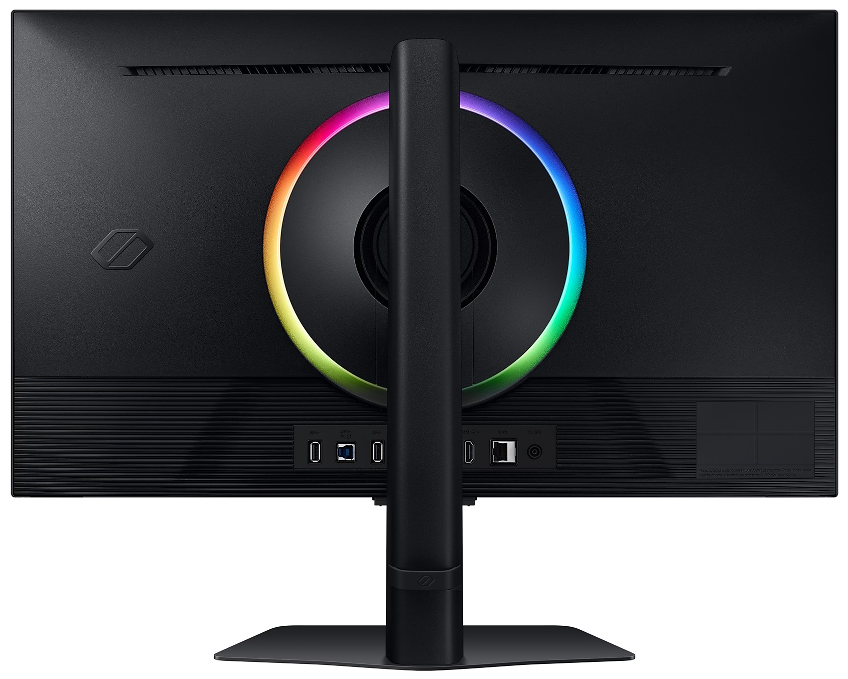 Tył czarnego monitora komputera z kolorowym pierścieniem światła.