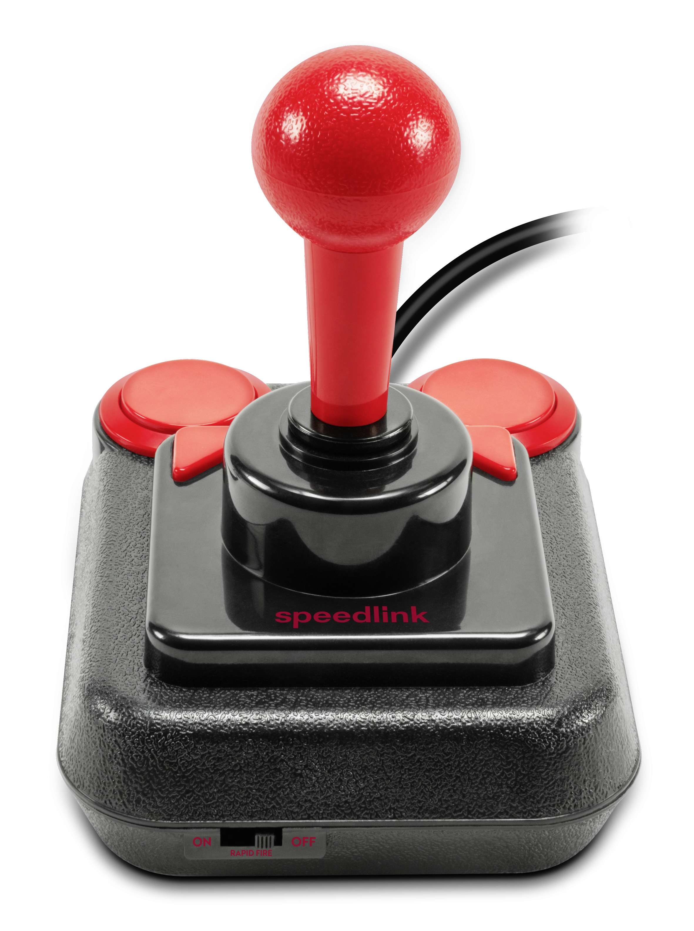 Ein schwarzer und roter Speedlink-Joystick zum Spielen.
