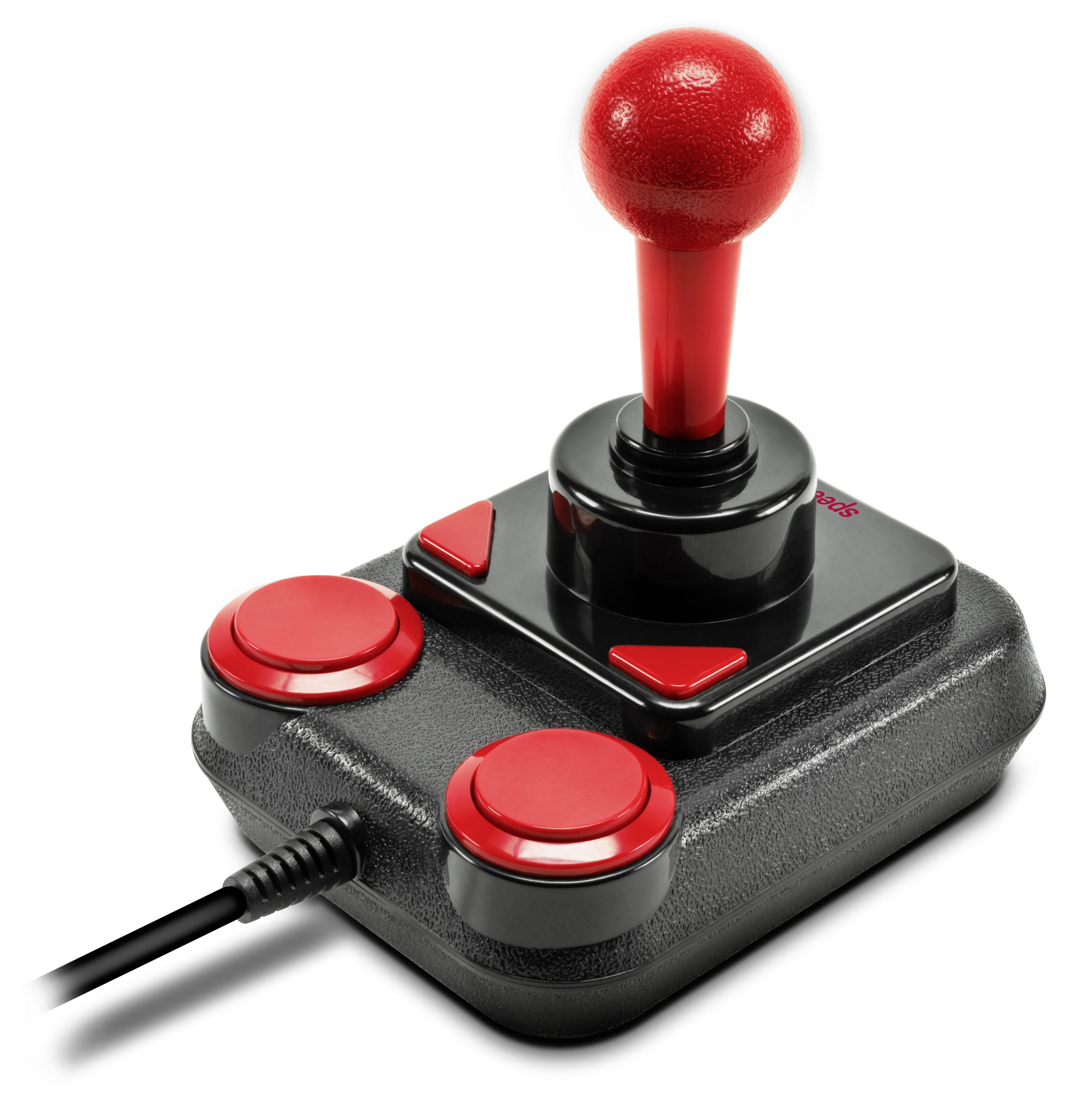 Schwarzer Joystick mit rotem Joystick und Knöpfen. Schwarzes Kabel befestigt. Weißer Hintergrund.