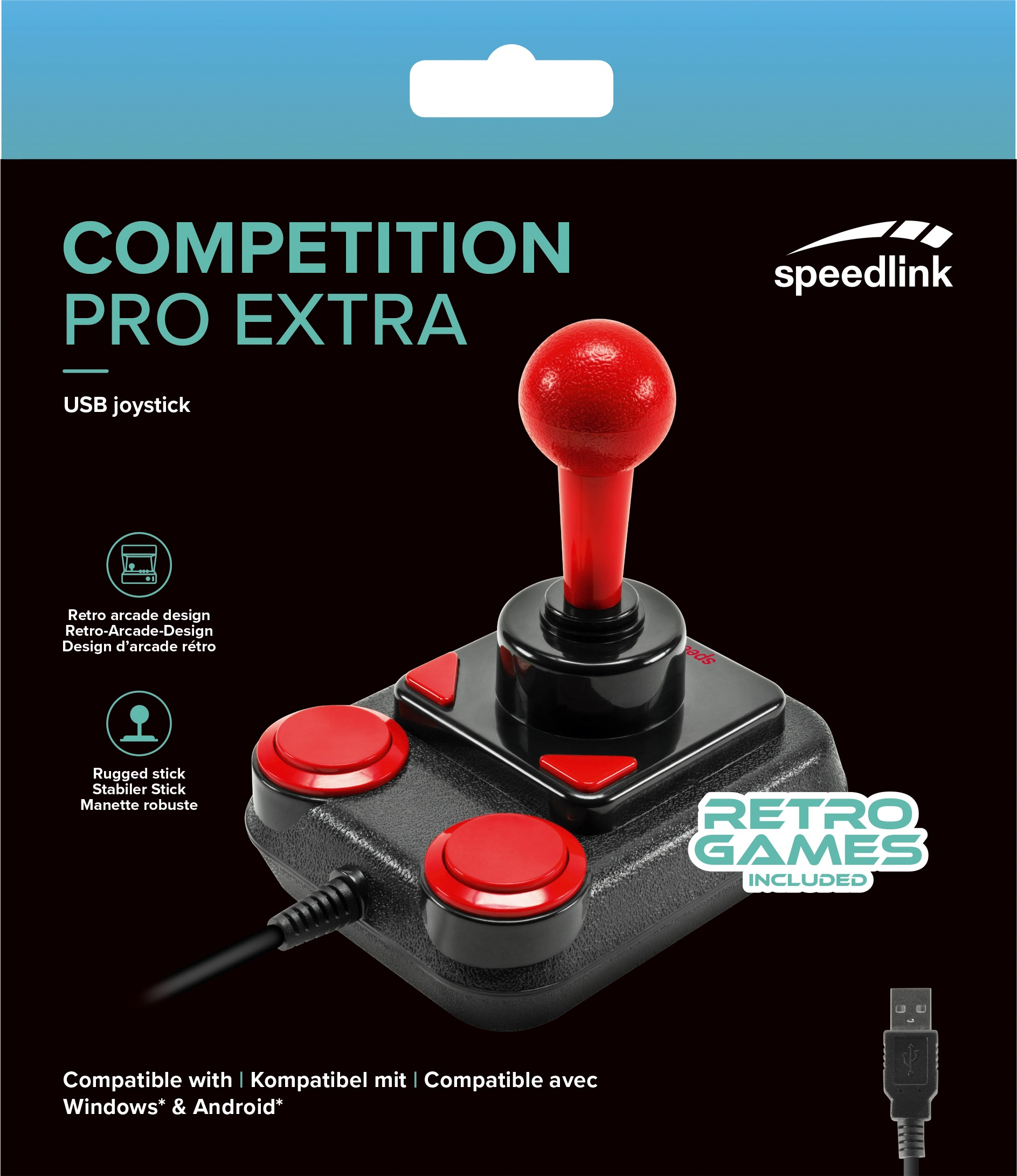 Joystick in einer Box. Roter Joystick und Knöpfe. Weißer Text auf der Box. USB-Kabel.