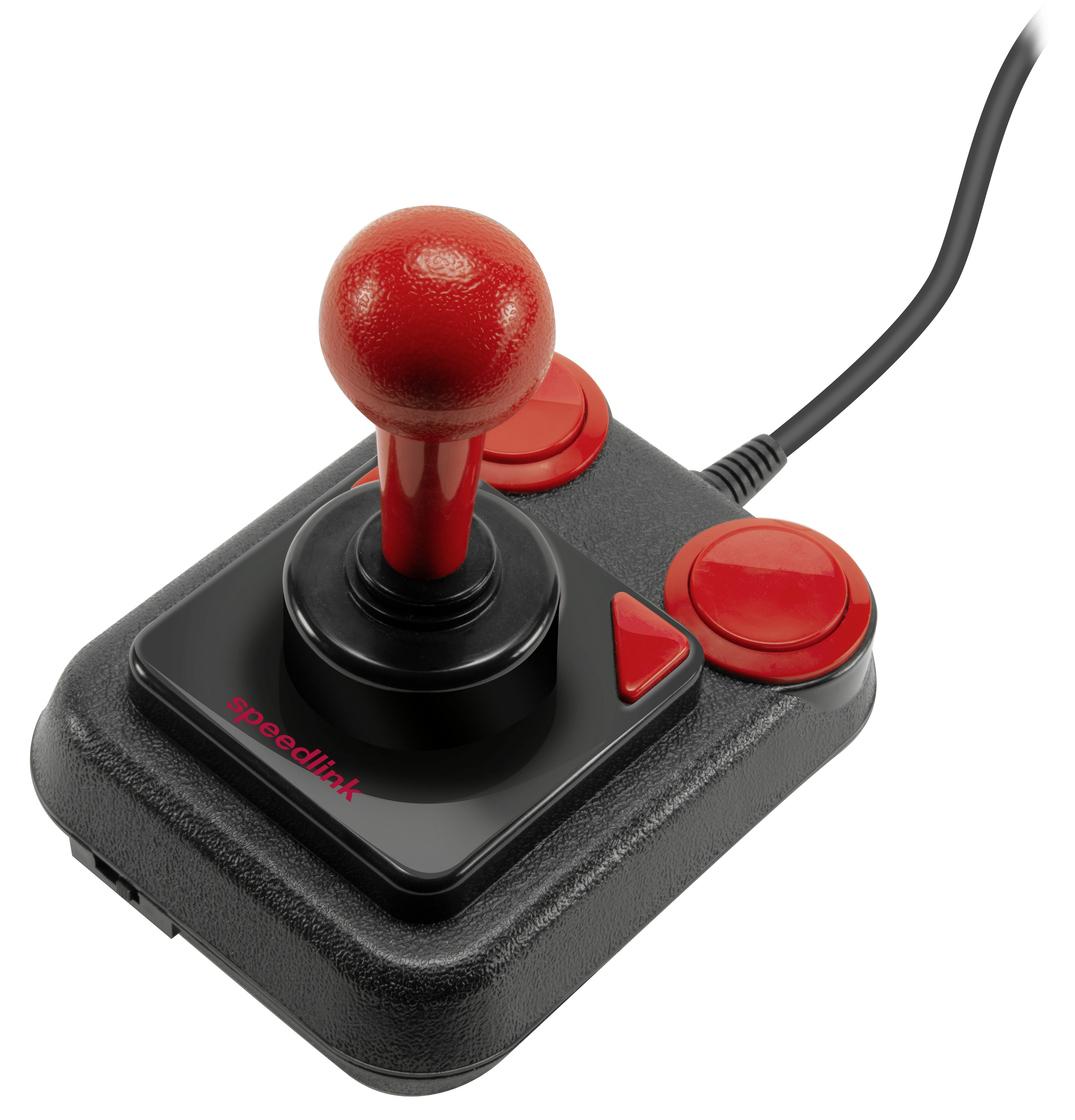 Schwarzer Joystick mit rotem Knüppel und Knöpfen. Schwarzes Kabel befestigt. Speedlink-Logo vorne.
