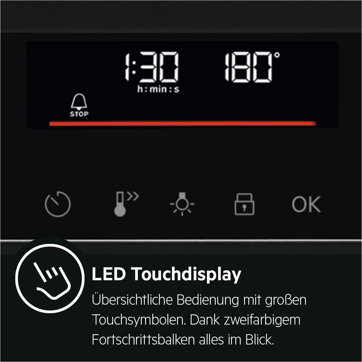 Backofen-Bedienfeld, das Zeit und Temperatur anzeigt. Text: LED Touchdisplay.
