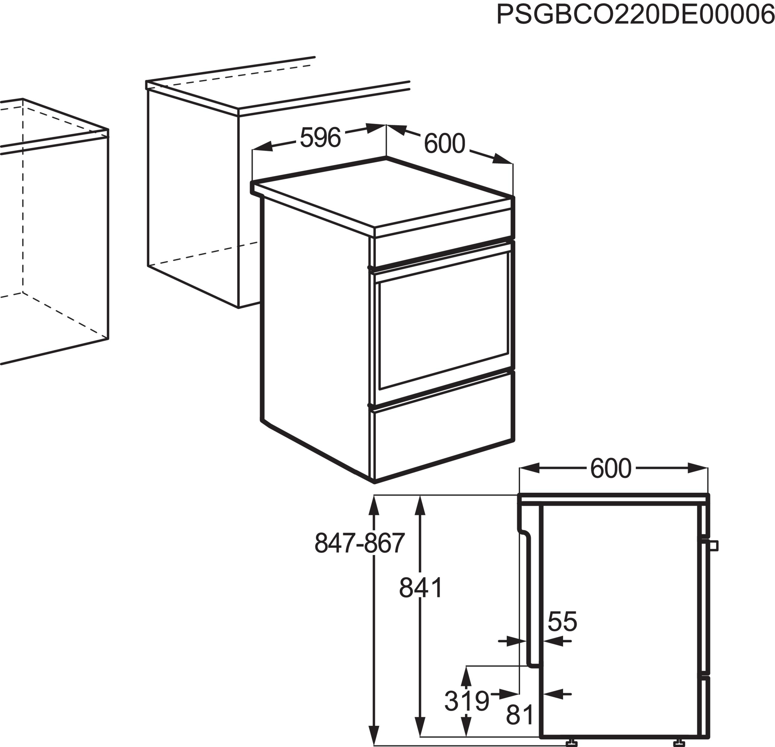Technische Zeichnung eines Einbauofens, mit Abmessungen und Design, mit einer gestrichelten Linie für den Schrank.