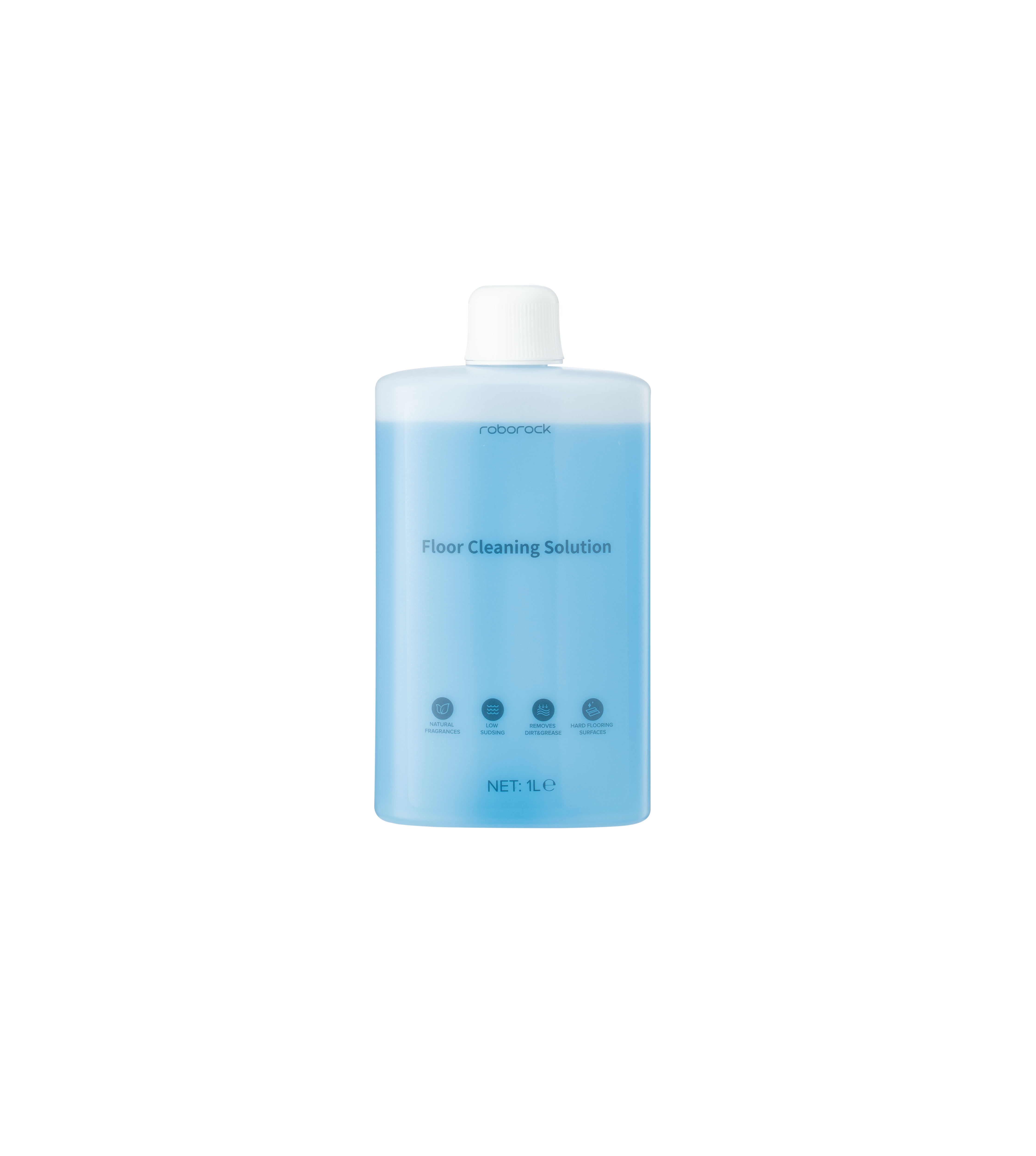 Eine blaue Flasche Bodenreinigungsmittel mit Text.