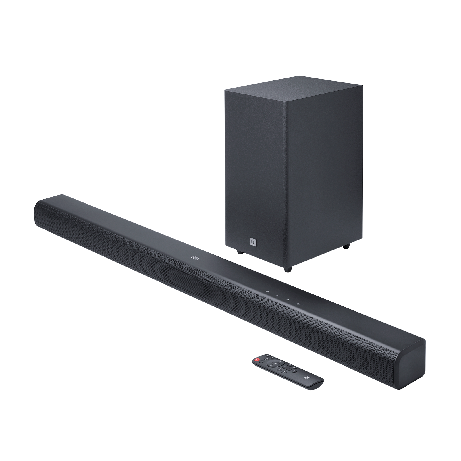 Bir soundbar, subwoofer ve uzaktan kumanda.