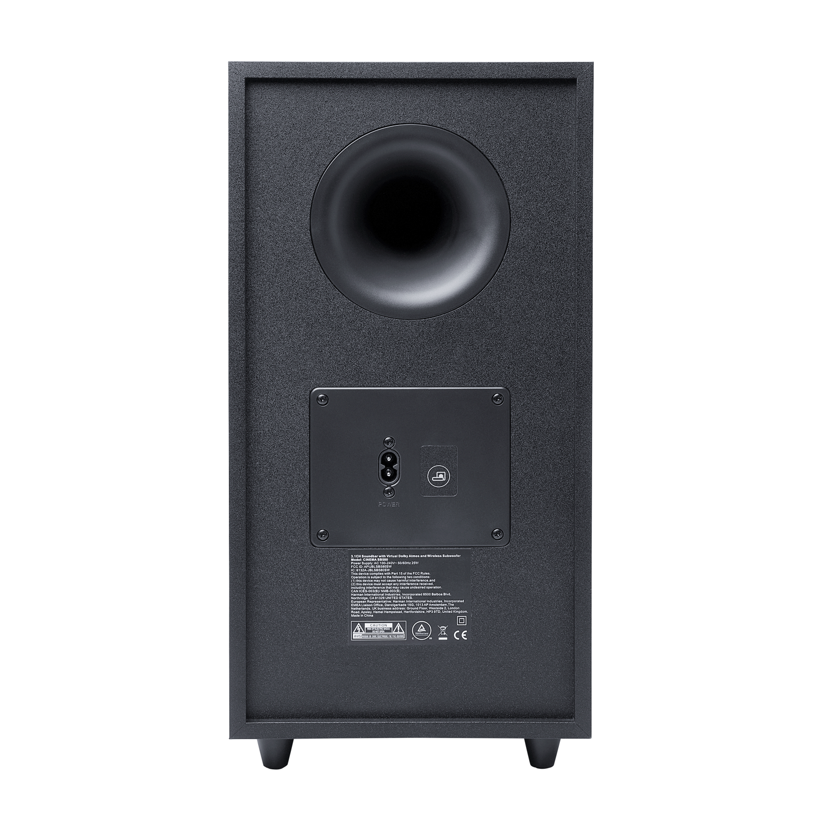 Güç ve diğer bağlantı noktalarına sahip bir subwoofer'ın arkası.