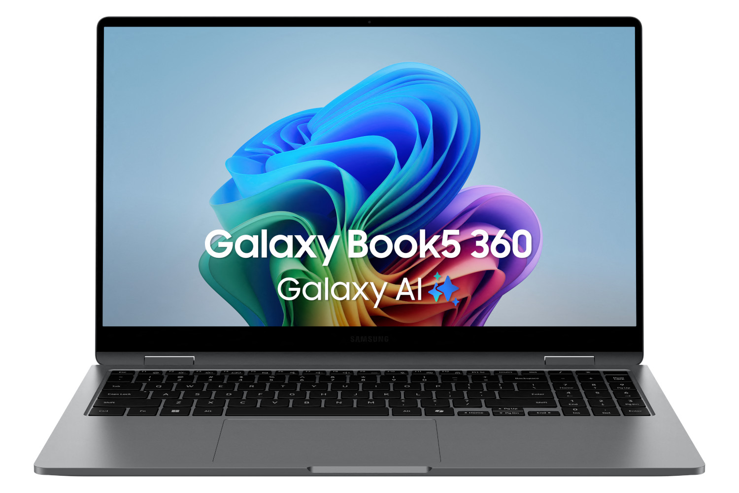 Zilveren laptop met scherm met kleurrijke wervelingen en tekst 'Galaxy Book5 360'.