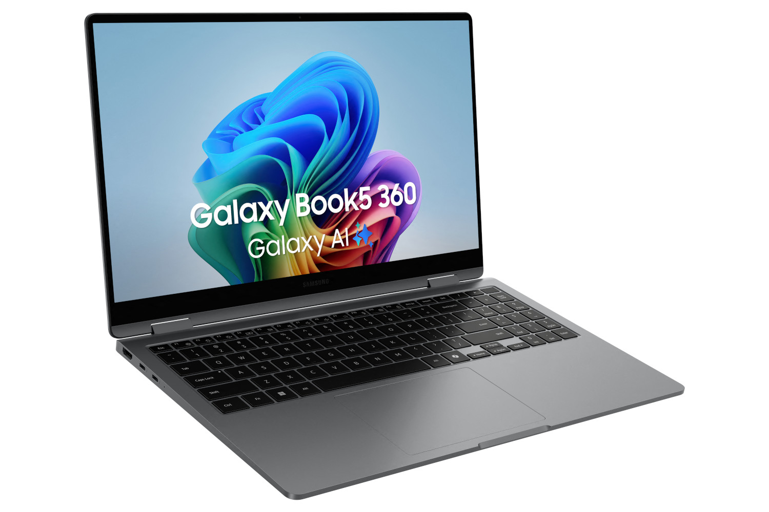 Zilveren laptop met een kleurrijk scherm met een Windows-interface.