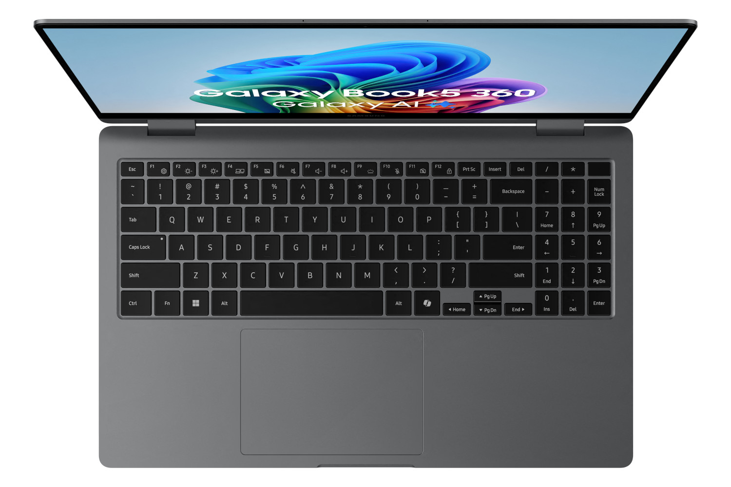 Bovenaanzicht van een laptop met toetsenbord en scherm met 'Galaxy Book5 360'.