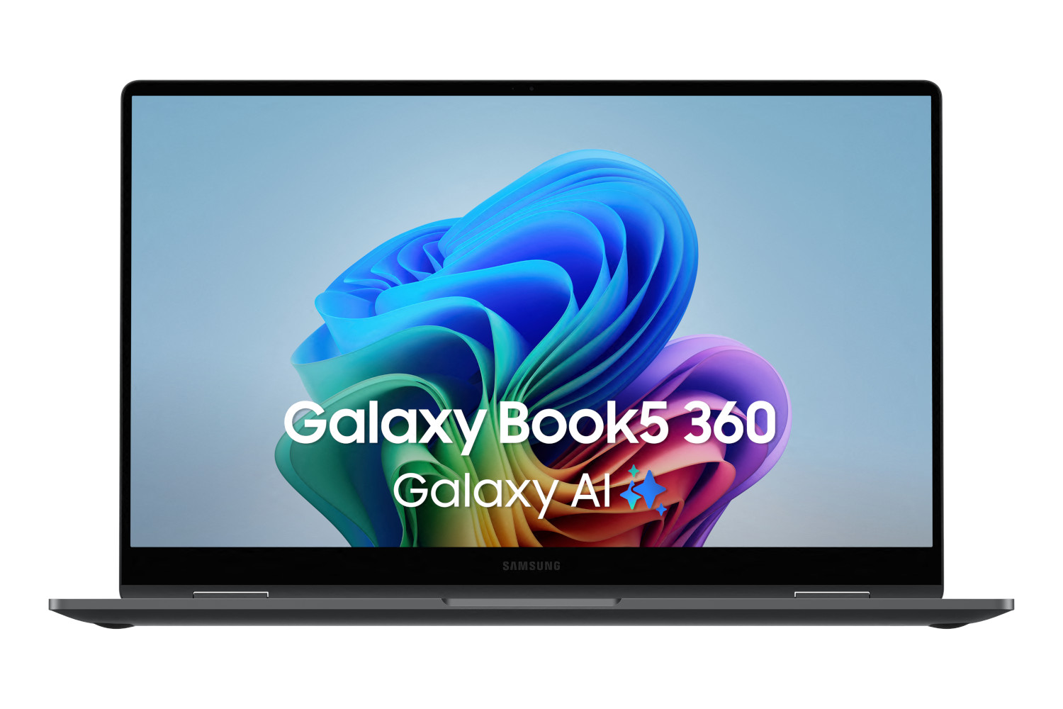 Het laptopscherm toont een kleurrijke werveling met tekst, Galaxy Book5 360 en Galaxy A1+.