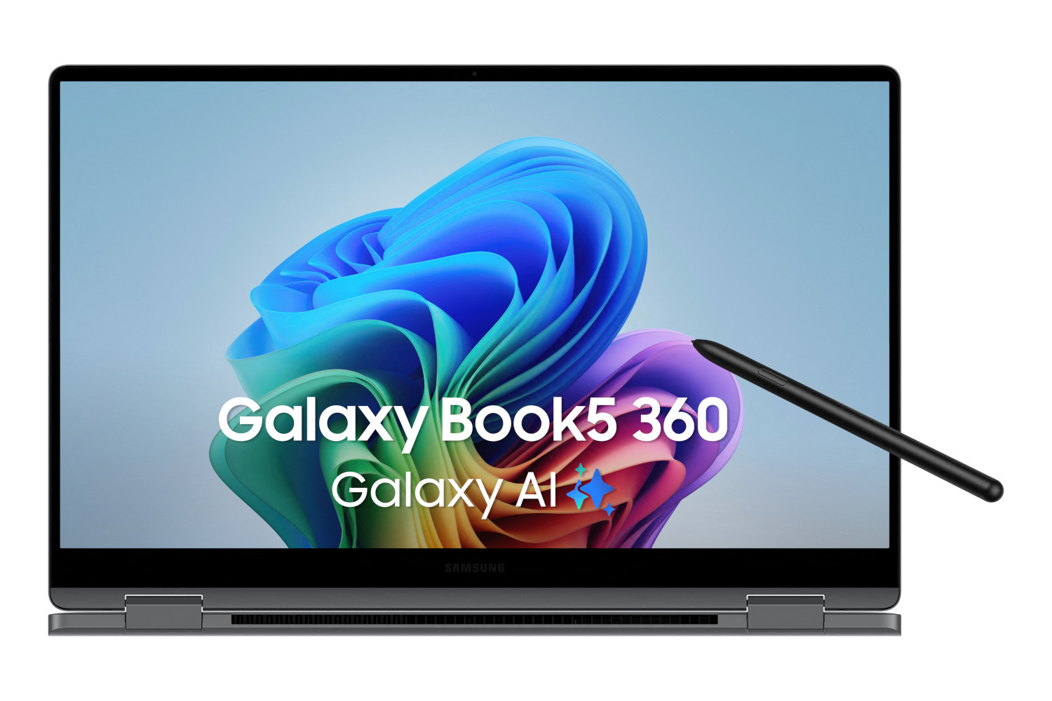 Samsung Galaxy Book5 360 laptop, open, met een pen en een kleurrijk scherm.