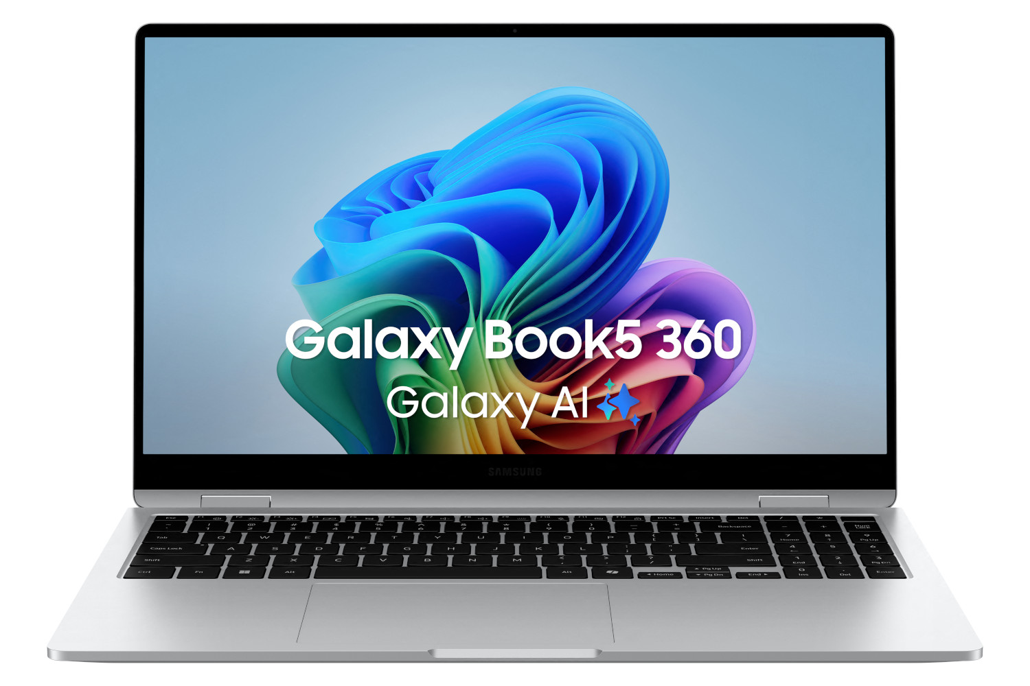 Un ordinateur portable argenté avec un écran coloré affichant 'Galaxy Book5 360 Galaxy AI'.